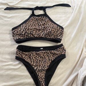 Pink Lily Leopard Halter Bikini Top - Black Trim